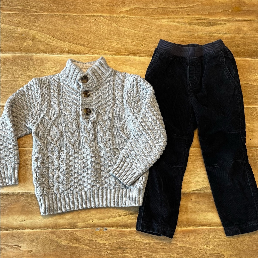 Tea Collection corduroy pants, black, and grey cable knit sweater, size 4